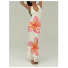 Milumia Women's Floral Print Deep V Neck Halter Dress Tie Backless Mesh Bodycon Maxi Skirts Pink and White Medium