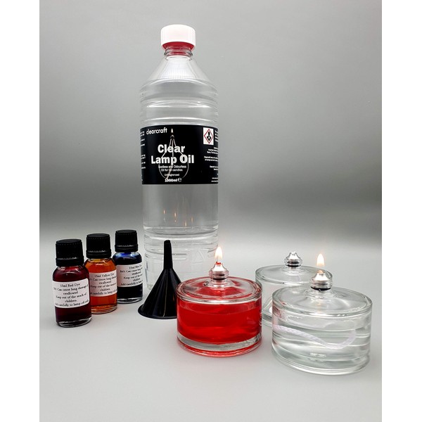 CLEARCRAFT 3x Cell60 Small Oil Lamp Burner Tea Light Candles Plus 1 Litre Of Lamp Oil (With Free Funnel) And a Dye Pack