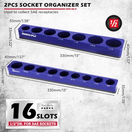 2-Piece 1/2"-Drive SAE Magnetic Socket Organizer Set (Holds 16 Sockets) - Detachable Tool Tray with 5mm Magnetic Base, Screw-Fixed Design & Heavy-Duty Modular Storage for Garage/Home Workshop