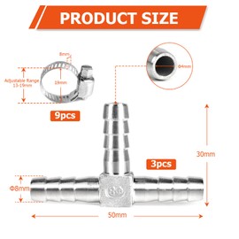 SUPAWAY Set of 3 Three Way Connector 8 mm Hose Fitting, 304 Stainless Steel Hose Nozzle T Piece Joiner, Hose Adapter with 9 Clips Connector for Air, Fuel, Water, Gas, Oil Pipe