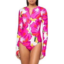 Trina Turk Women's Standard Paddle One Piece Swimsuit, Rash Guard, UV Protection, Zip Front, Long Sleeve, Bathing Suits, Monaco (Bloom), Medium