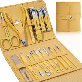 FLAFARY Manicure Set Professional Nail Clippers Pedicure Kit, 16 pcs Stainless Steel Nail Care Tools Grooming Kit with Luxurious Travel Leather Case for Thick Nails Men Women Gift (Yellow)