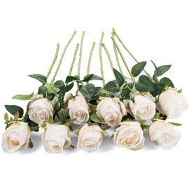 Exoment 10pcs Silk Rose Flower Artificial Roses with Long Stems for DIY Wedding Bouquets Centerpieces Bridal Shower Party Home Decor (White)