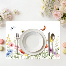 Tarklanda Wildflower Plastic Placemats Set of 6, Decorative Spring Floral Butterfly Placemat 11 x 15.7 Inches Easy Clean Vinyl Dining Table Mats for Wedding Birthday Summer Holiday Party Decor