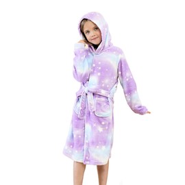 Piefry Soft Bathrobe with Hood for Girls Fleece Dressing Gown Sleepwear Children, Purple Stars