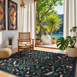 Lanffia Black Insect Floral 5x7 Bedroom Rugs, Boho Bug Washable Rug for Living Room Non Slip Shedding, Stain Resistant Dining Room Carpet for Office Playroom Home Decor