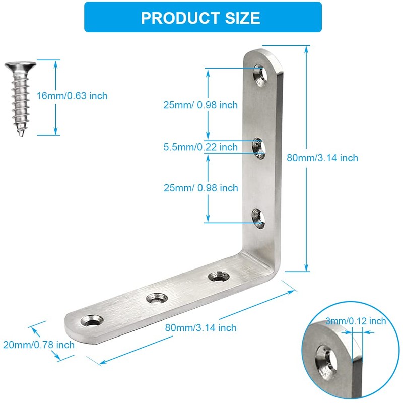 8 PCS L Bracket Stainless Steel Corner Brackets 3 x