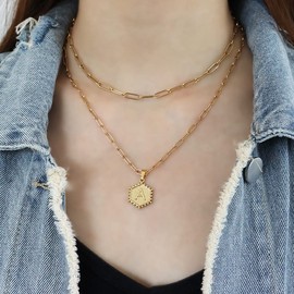 Layer Initial Necklace for Women 18K Gold Plated Layering Paperclip Link Chain Necklace Cute Hexagon Letter Pendant Initial Choker Necklace for Girls