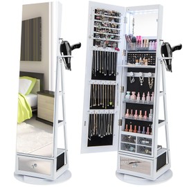 Byroce 360° Rotating Jewelry Armoire with Full Length Mirror, Lockable Jewelry Cabinet w/6 LED Lights, Hairdryer Rack, Rear Storage Shelves & Bottom Drawer, Standing Jewelry Organizer (White)