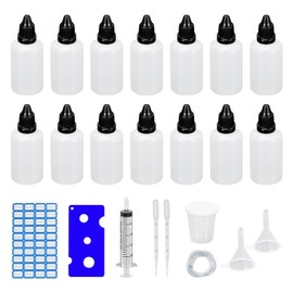 Dondeen Pack of 14 Dropper Bottles, 50 ml, Plastic Bottles, Travel Bottles, Squeeze Bottles, Liquid Bottles, Funnel, Measuring Cups, Labels, Transfer Pipette, Syringes for Liquids (50 ml)