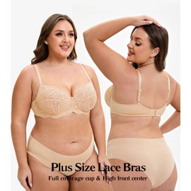 Mirry Lace Bras for Women Plus Size Full Coverage Underwire Floral Lace Non-Padded Bras Unlined 44D Nude