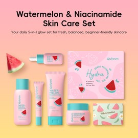 QUIYUM Wassermelonen Hautpflegeset, 5 teiliges Gesichtspflege Set mit Reiniger, Toner, Serum, Augencreme und Feuchtigkeitscreme für Frauen und Jugendliche