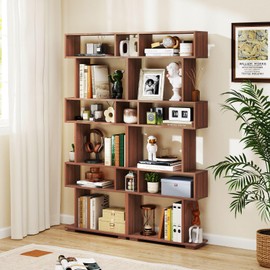Giantex 6-Tier Geometric Bookshelf, S-Shaped Bookcase with 2 Anti-Tipping Kits, Wooden Display Shelf, Decorative Storage Shelving Unit, Home Storage Organizer for Office Living Room (2, Walnut)