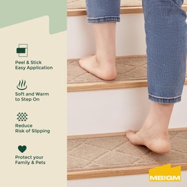 MBIGM 8" X 30" (15 in Pack) Non-Slip Carpet Stair Treads Non-Skid Safety Rug Slip Resistant Indoor Runner for Kids Elders & Pets with Reusable Adhesive - Cornstalk Diamond Weave