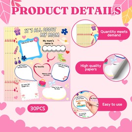 Zoyeven 30pcs All About My Mom Poster Pack Mother’s Day Crafts for Kids Ideal Gifts Project Chart Colorful Fill in Poster About Mom Posters School Craft Classroom Activities Supply