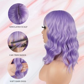 Light Purple Wig with Bangs for Women Loose Wavy Bob Wigs Shoulder Length Colorful Hair Heat Resistant Synthetic Wigs for Daily Cosplay Party Use (Light Purple)
