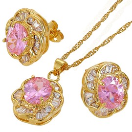 Riva Flower Jewellery Set Pendant with 45 cm Chain and Stud Earrings Oval Cut Gemstone Cubic Zirconia CZ [5 Colours Available] in 18K Yellow Gold Plated, Simple Modern Elegance, Brass, Sapphire
