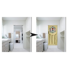 next.design Noren Japanese Doorway Curtain for Wall Hanging with a Picture of Wooden Stained Glass Door Printed on it (Pastel Yellow)