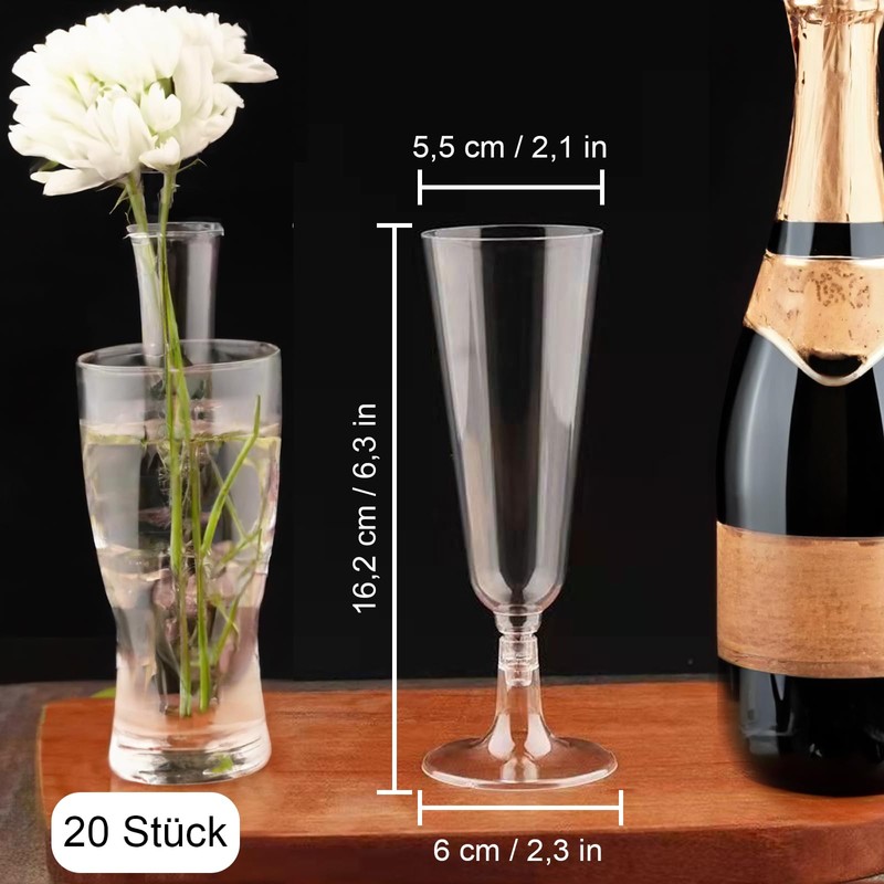 ACONDE Pack of 20 Plastic Champagne Flutes, 150 ml Plastic