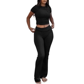 Women's 2 Piece Yoga Set Soft Short Sleeve Top Flare Leggings Comfortable Stretchy for Casual Active Wear