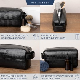 VON HEESEN Kulturbeutel Leder Kulturtasche für Herren & Damen - Echtleder Necessaire ideal zum Reisen - Waschtasche und Kosmetiktasche mit einem Hauptfach Carbon-schwarz, groß