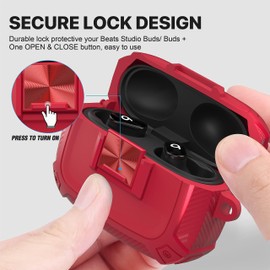 Maxjoy for Beats Studio Buds Case Cover, Studio Buds Plus Case 2023 with Lock, Studio Buds + Shockproof Protective Earbuds Case with Keychain for Beats Studio Buds 2021/Beats Studio Buds+ 2023, Red