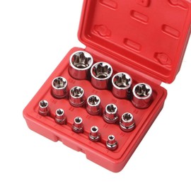 HYCDIYTS 14 Pcs E Shape Torx Socket Set Star Flower Socket Wrench Screw Removal E-Type Socket with Storage Box (Red)