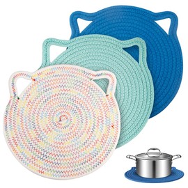 YONOVO 12" Cotton Trivets Set, 3Pcs Cute Cat Ear Large Pot Holders Woven Hot Pads Mats Thick Heat Resistant for Hot Pots and Pans Round Hot Plate Holder Washable Potholders Kitchen Gift (Blue)