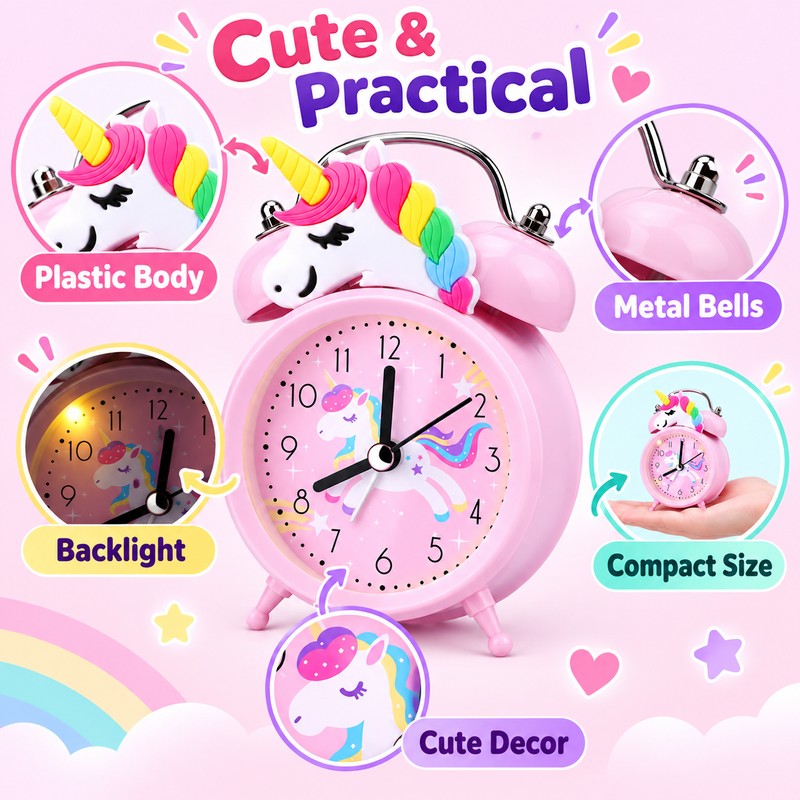Pink Unicorn Kids Alarm Clock – Cute Double Bell Bedside