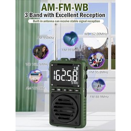 Digital AM FM Weather Band Radio with Flashlight,850mAh Rechargeable Portable Pocket Radio with Best Reception,LCD Screen, Back Clip,Stereo Earphone J