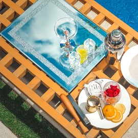 Regent Tray - Mirrored Glass - Inset Border of Multifaceted Crystals, Perfect Decorative Tray