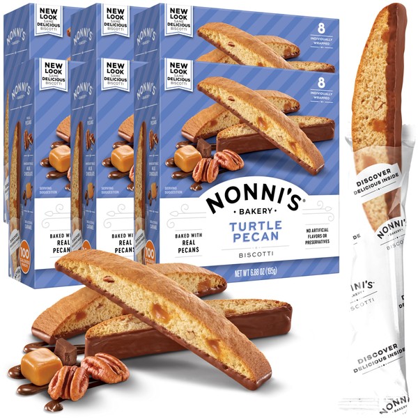 Nonni's Turtle Pecan Biscotti Italian Cookies - 6 Boxes Caramel Pecan Cookies Dipped in Milk Chocolate - Butter Pecan Biscotti Individually Wrapped Cookies - All Natural Ingredients - Kosher - 6.88 oz