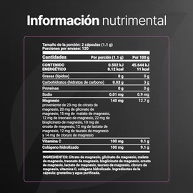 Mezcla de Magnesios Premium con 240 Cápsulas 1100 mg por poción. Adicionado con Colágeno Hidrolizado y Vitamina C. 9 Mag Platinum B Life.