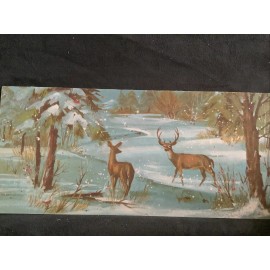 Vintage Christmas Card Deers by the lake Unused+env