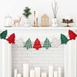 Whaline Christmas Tree Fabric Banner 3D Plaid Dot Snowflake Xmas Tree Garland Red Green Holiday Bunting Garland for Christmas Winter Holiday Hanging Decoration