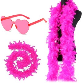 Feather Boa, 2 m Feather Boas Fluffy Feather Boa Turkey Feathers Scarf for Women Feather Boa and Heart-Shaped Glasses Costume Accessory for Carnival Party, Stage Shows, Costume Party (Rose Red)