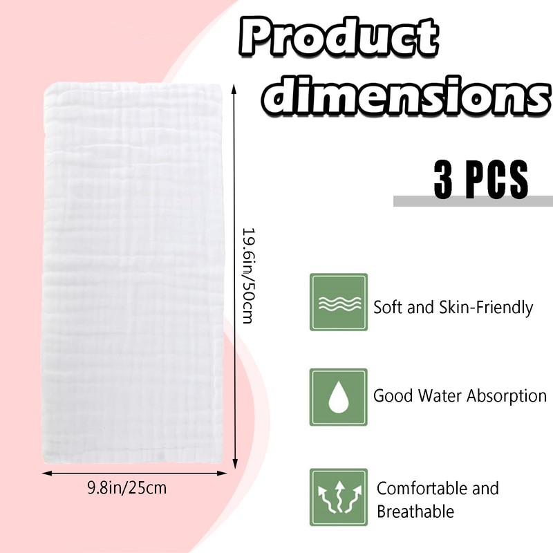 Soft and Absorbent Muslin Cloths - 3 Pack, Large 20''x10''