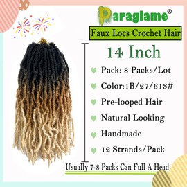 Ombre Soft Faux Locs Crochet Hair 14 Inch New Soft Locs 8 Packs Pre-looped Crochet Braids Short Soft Goddess Locs Curly Wavy Croceht Hair for Women(1B/27/613, 8packs)