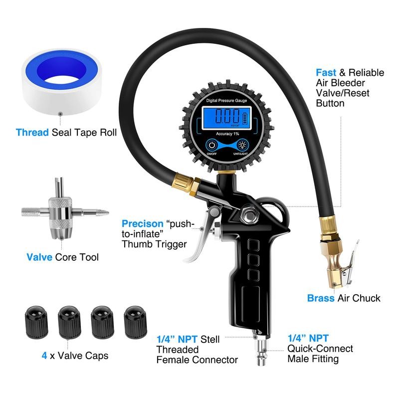 Nilight Digital Tire Inflator Pressure Gauge,250 PSI Air Chuck and