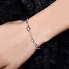 Double Layered Bracelet Star CZ Titanium Steel Adjustable Link Chain Bracelet with 1.97" Extension Chain Birthday Valentine's Day Christmas Women Gift