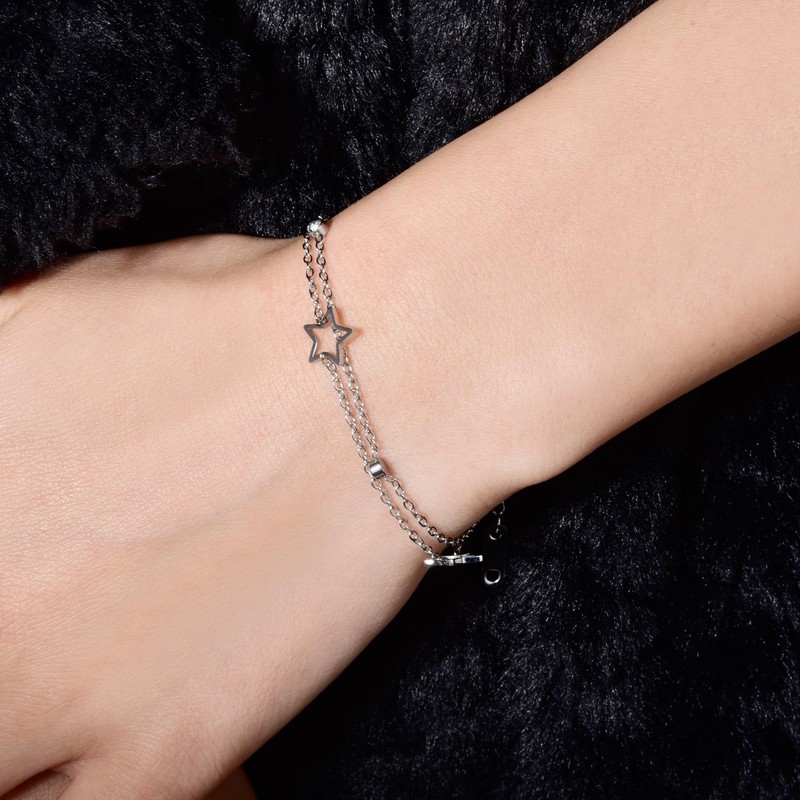 Double Layered Bracelet Star CZ Titanium Steel Adjustable Link Chain