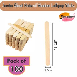 3 Ace Crafts 100 Natural Jumbo Lollipop Sticks, Giant Smooth Wooden Lolly Sticks, Lollipop Stick for Ice Cream, Waxing Spatulas, Craft Sticks for Art, Popsicle Stick, Glue Spreader Stick, Mixing Stick