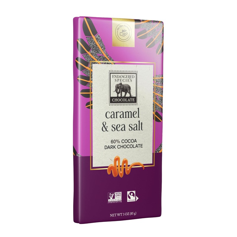 Endangered Species, Dark Chocolate Sea Salt Caramel Bar, 3 oz