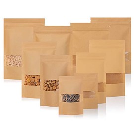 Kraft Stand Up Pouch Bags -75 Pack Resealable Brown Kraft Chenozon Bag with Clear & Transparent Window - Coffee, Snacks, Treats, Granola Containers - Food-Grade Paper & Plastic - 6.7 x 9.4 inches,17oz