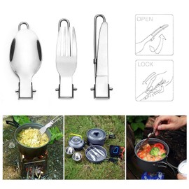 DZRZVD Camp Flatware Sets - Stainless Steel Spoon Fork Knife & Nylon Storage Bag - Foldable + Locking Handle - Ultralight Utensils for Backpacking/Hiking/Camping - 3oz