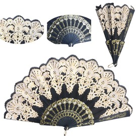 Oilmal Black Spanish Style Dance Party Wedding Lace Silk Folding Hand Held Flower Fan