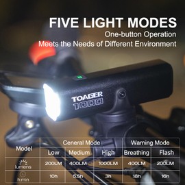 TOAGER 1000 Lumen Bike Light T1000, USB Type-C Rechargeable, IPX6 Waterproof Bicycle Front Light, Black