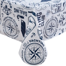 Newbridge Vinyl Rectangle Tablecloth with Flannel Backing, 60 x 120 Inch, Sailing Club, Waterproof, Soil Resistant Dining Room, Party and Banquet Table Cover, Cape Cod Nautical Blue