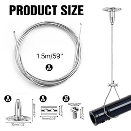 Akamino 6 Set Ceiling Support for Closet Rod, 59" Heavy Duty Adjustable Stainless Steel Suspension Wire, Ceiling Mounted Anti-Sagging Bracket for Curved/L-Shaped & Straight Shower/Curtain Rods
