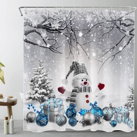 HVEST Winter Christmas Shower Curtain with Hooks, Cute Snowman in Snowy Forest Shower Curtain for Bathroom Decor Pine Tree Covered with Snow Shower Curtain Set Bathroom Accessories, 72L X 72W inches